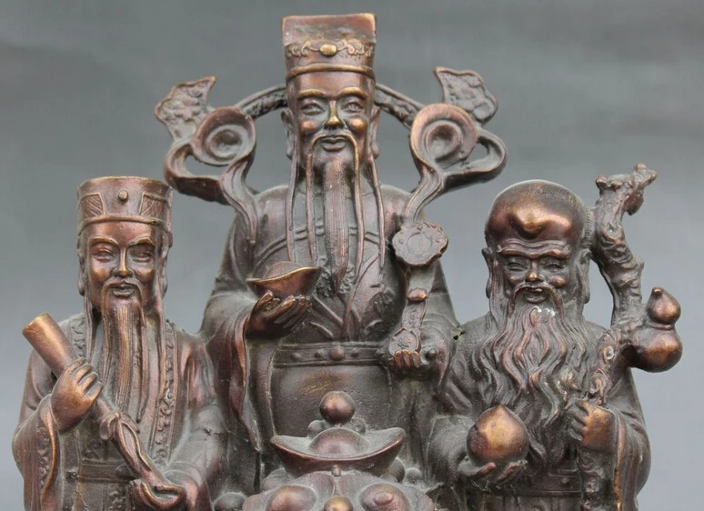 Китайская Бронзовая позолота 3 Бог долголгия Фу Лу Шу два мальчика Девочка