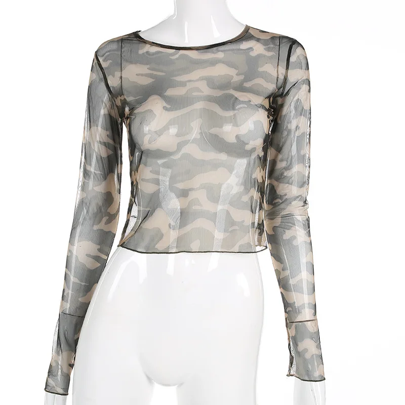 Длинный рукав o образным вырезом камуфляжная Сетчатая футболка из пряжи хлопок