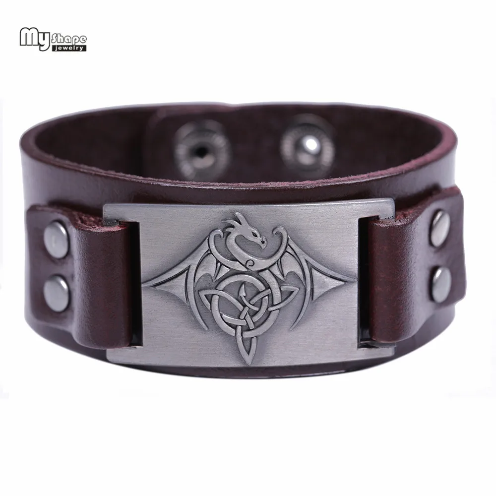 Brown-Silver My shape Дракон-Викинг браслет-амулет Мужские Винтажные браслеты напульсники нордический Национальный Тотем ремешок из натуральной кожи - Окраска металла: Brown-Silver