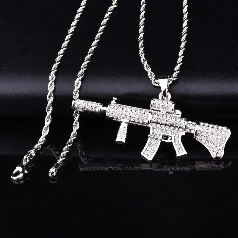 Посеребренный Золотой Серебряный цвет хип-хоп bling стразы M4 карабин форма кулон ожерелье 76 см длинная цепочка колье с кулонами в виде пистолетов для мужчин ювелирные изделия - Окраска металла: Посеребренный