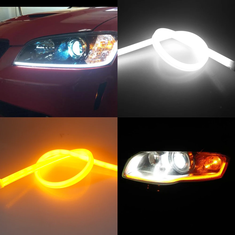 

GEETANS 2PCS Universial Flexible Turn Signal Light Soft Tube Guide Car LED Strip White DRL and Yellow Daytime Running Light CE