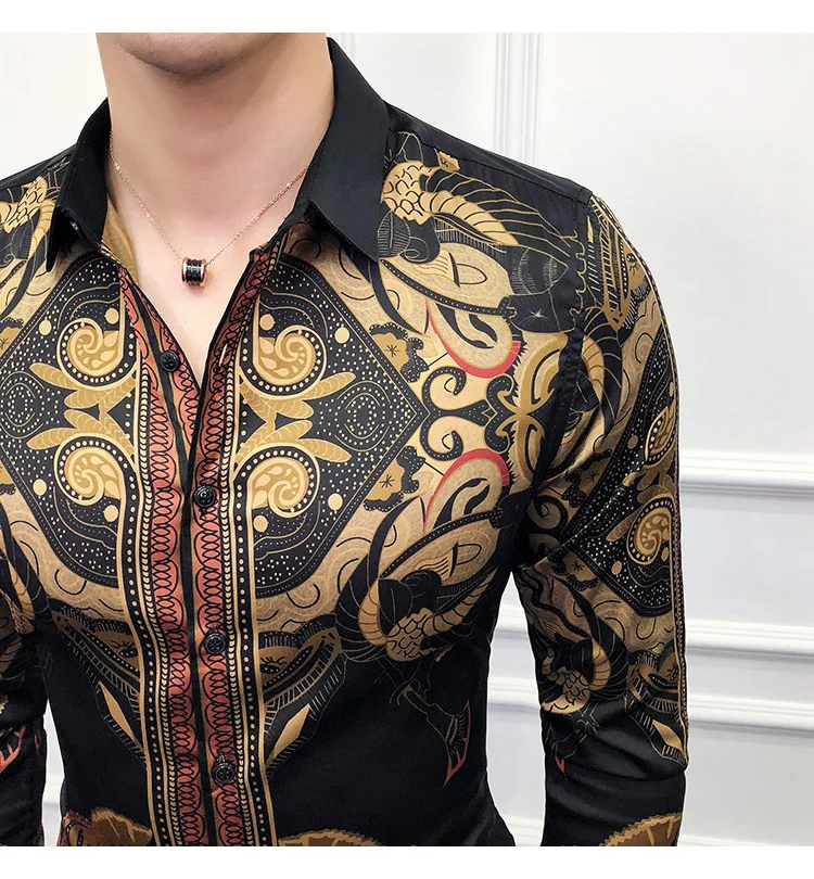 Роскошный золотистый и черный рубашка Для мужчин Slim Fit с длинными рукавами Camisa Masculina золотистый и черный Сорочка мужская, для общественных мест Для мужчин клуб нарядная рубашка