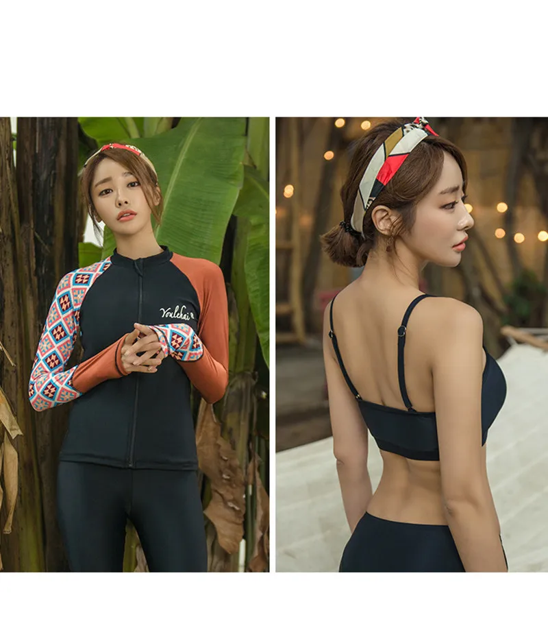 WackDaria women surfing suit long sleeve print split type patchwork sexy high elasticity maillot de bian femma summer beach