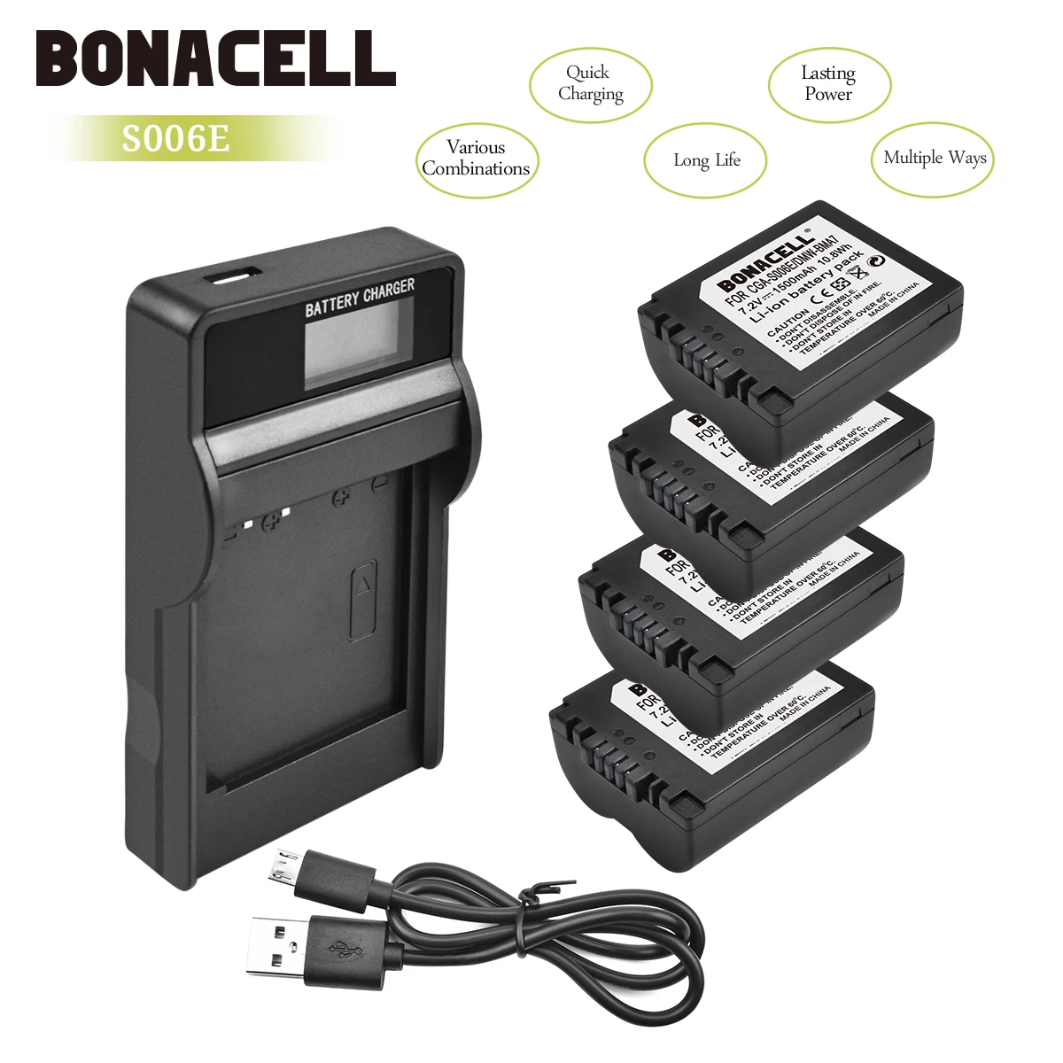 Bonacell 1500 мА/ч, CGA-S006 CGR CGA S006E S006A S006 DMW-BMA7 Батарея+ ЖК-дисплей Зарядное устройство для цифрового фотоаппарата Panasonic DMC FZ7 FZ8 FZ18 FZ28 FZ50 L50 - Цвет: 4X Battery Charger