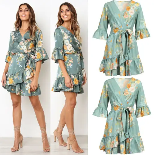 Модное летнее женское платье с цветочным принтом свободное оборками коротким