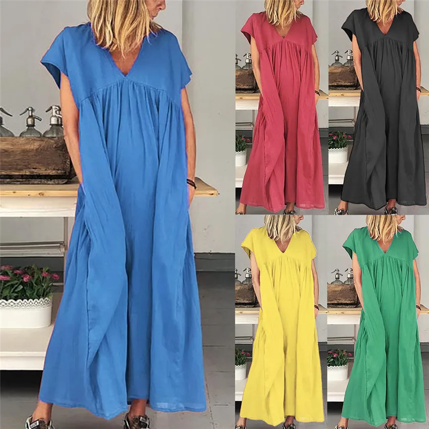 Женское свободное платье SAGACE однотонное до щиколотки с коротким рукавом и v