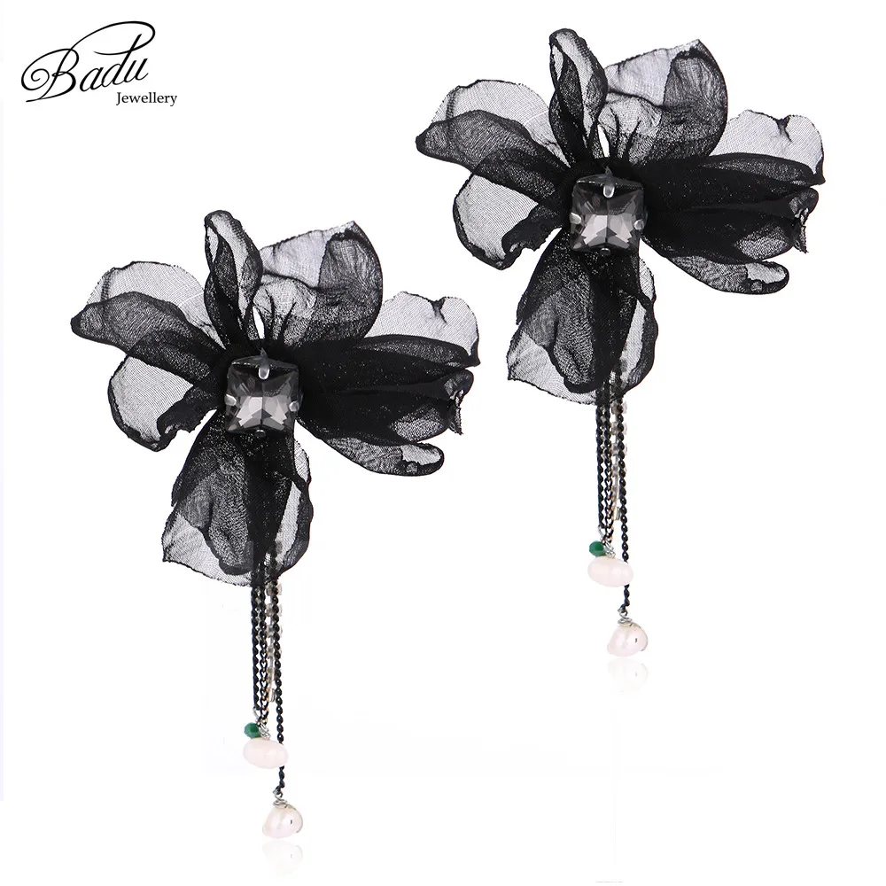 Badu Швабра жёлтой пряжи цветок серьги-гвоздики, элегантные Стиль циркония цветочные серьги с кисточками из цепочек для Для женщин Модные украшения для вечерние - Окраска металла: Black