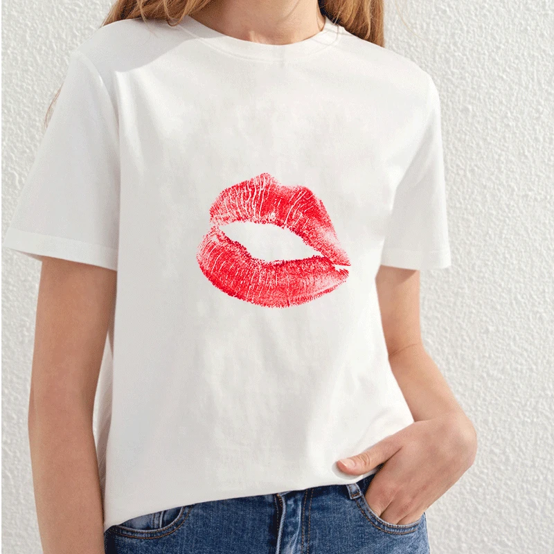 EXPXRTEE 2018 красные губы футболки с надписью женские большие размеры летняя футболка