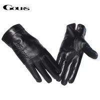 gours genuine leather gloves for men fashion brand real sheepskin weave black touch screen gloves warm winter mittens new gsm055