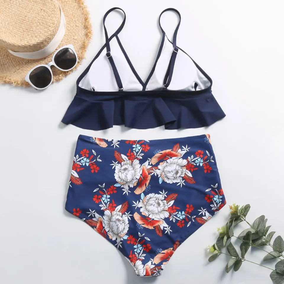 Женский купальник большого размера с высокой талией Bikini бикини Большие женские купальные костюмы Цветочные винтажные женские сексуальные купальники