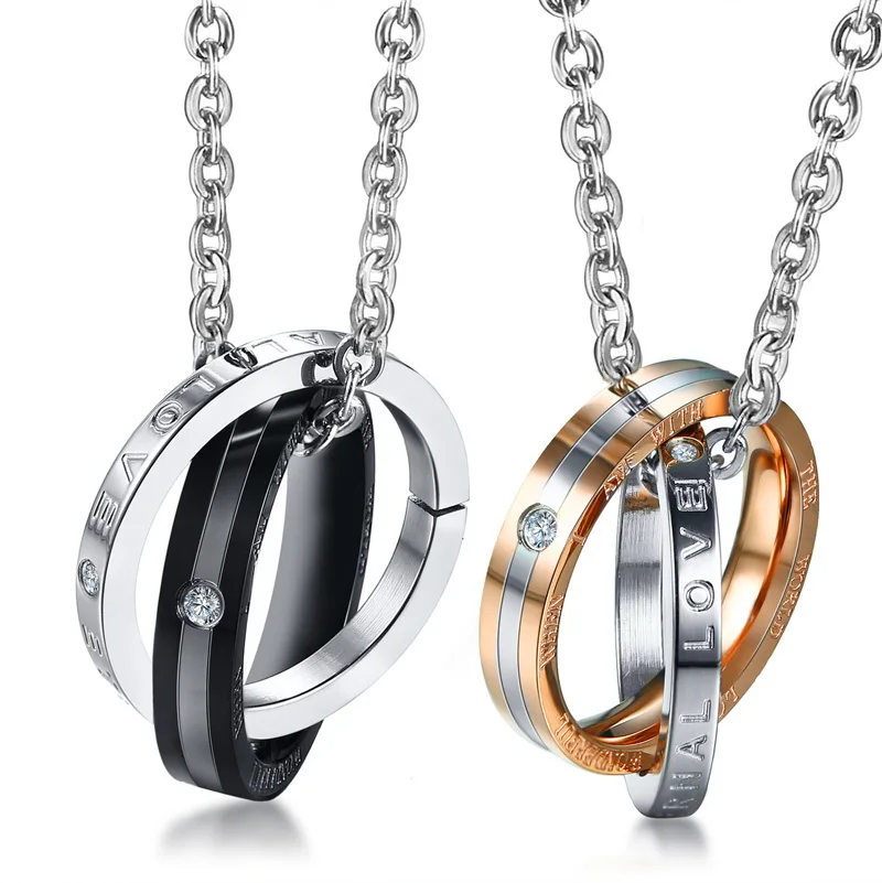 Couple Necklaces Vnox, колье для влюбленных пар, с гравировкой, для женщин и мужчин, круглый кулон из нержавеющей стали, 20 дюймов, цепочка для влюбленных, ювелирное изделие, подарок - Окраска металла: Couple Necklaces