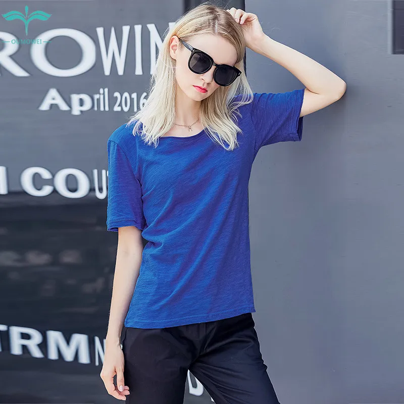 

Женская футболка OUMOWEI, Новинка лета 2020, футболка с коротким рукавом, модная Натуральная футболка с круглым вырезом, однотонная Повседневная ...