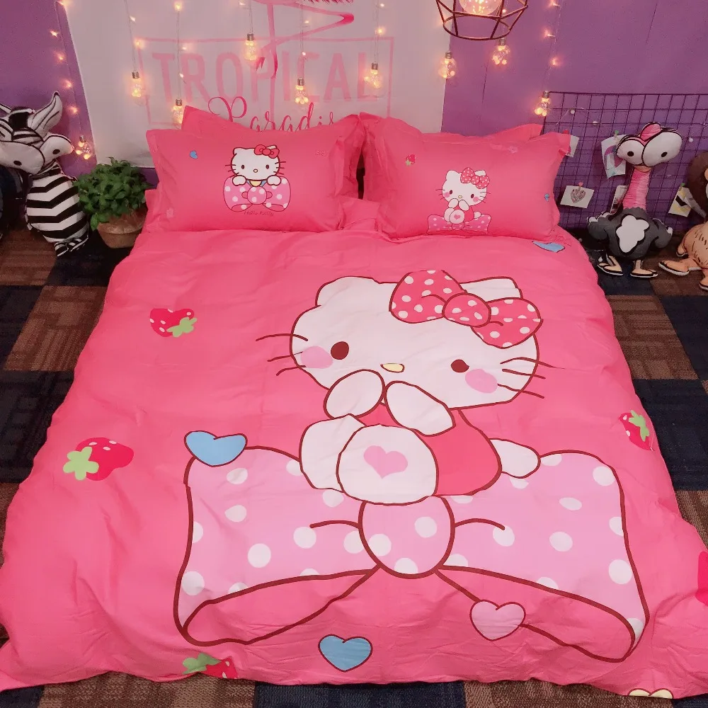 Набор постельного белья из хлопка с рисунком hello kitty, пододеяльник, простыня, наволочка, мягкий, розовый, белый, клубника, король, королева, размер, Комплект постельного белья