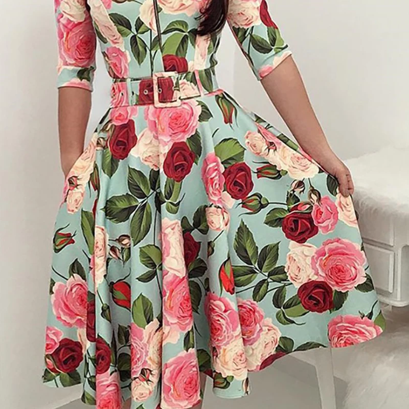 Печати молнии пояса до середины икры Длина платье Для Женщин Половина рукава