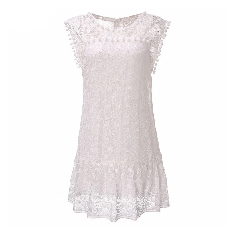 Женское короткое платье с круглым вырезом и кружевными оборками Повседневные