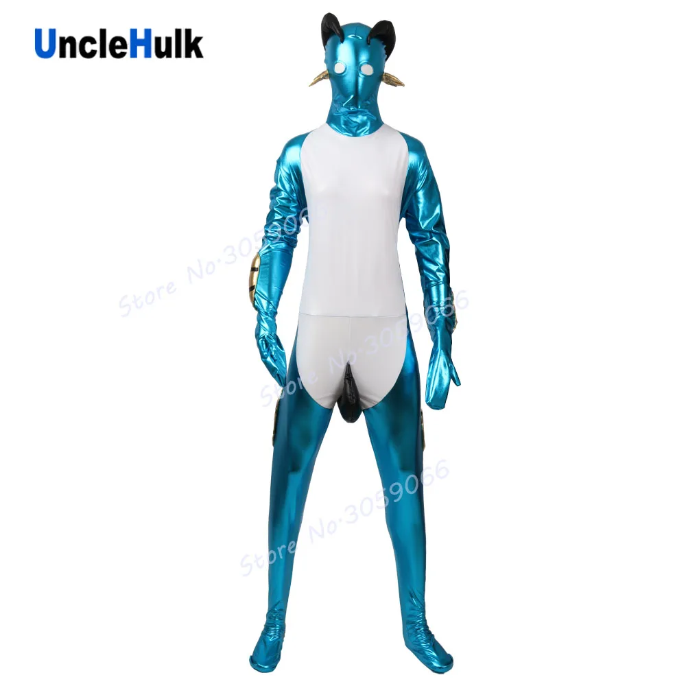 Голубая овечка Zentai боди блестящая синяя Прорезиненная Ткань Косплей Костюм