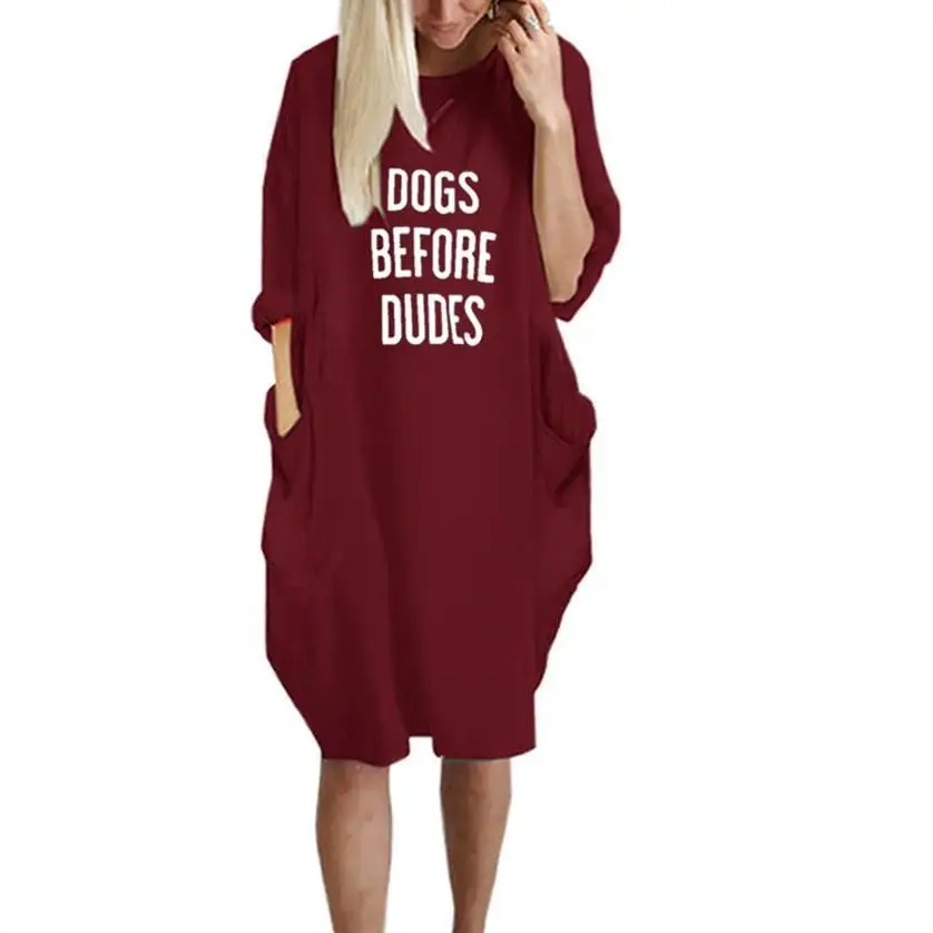 

New Arrival Pocket Dogs Before Dudes Letters Print Dress For Women Plus Size Dress Dress Female Harajuku Cotton Women Tops