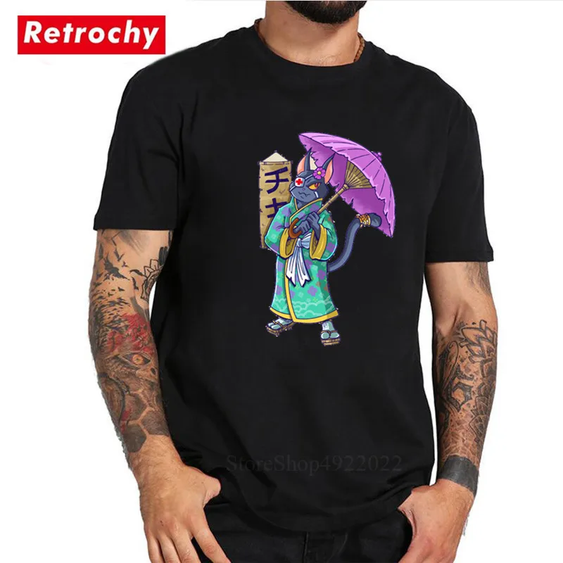 2019 Харадзюку Гейша кошка с зонтиком в Японии Футболка Мужская Уличная воин