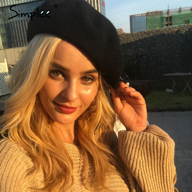Женский теплый шерстяной однотонный берет Simplee Осенний зимний женский женская