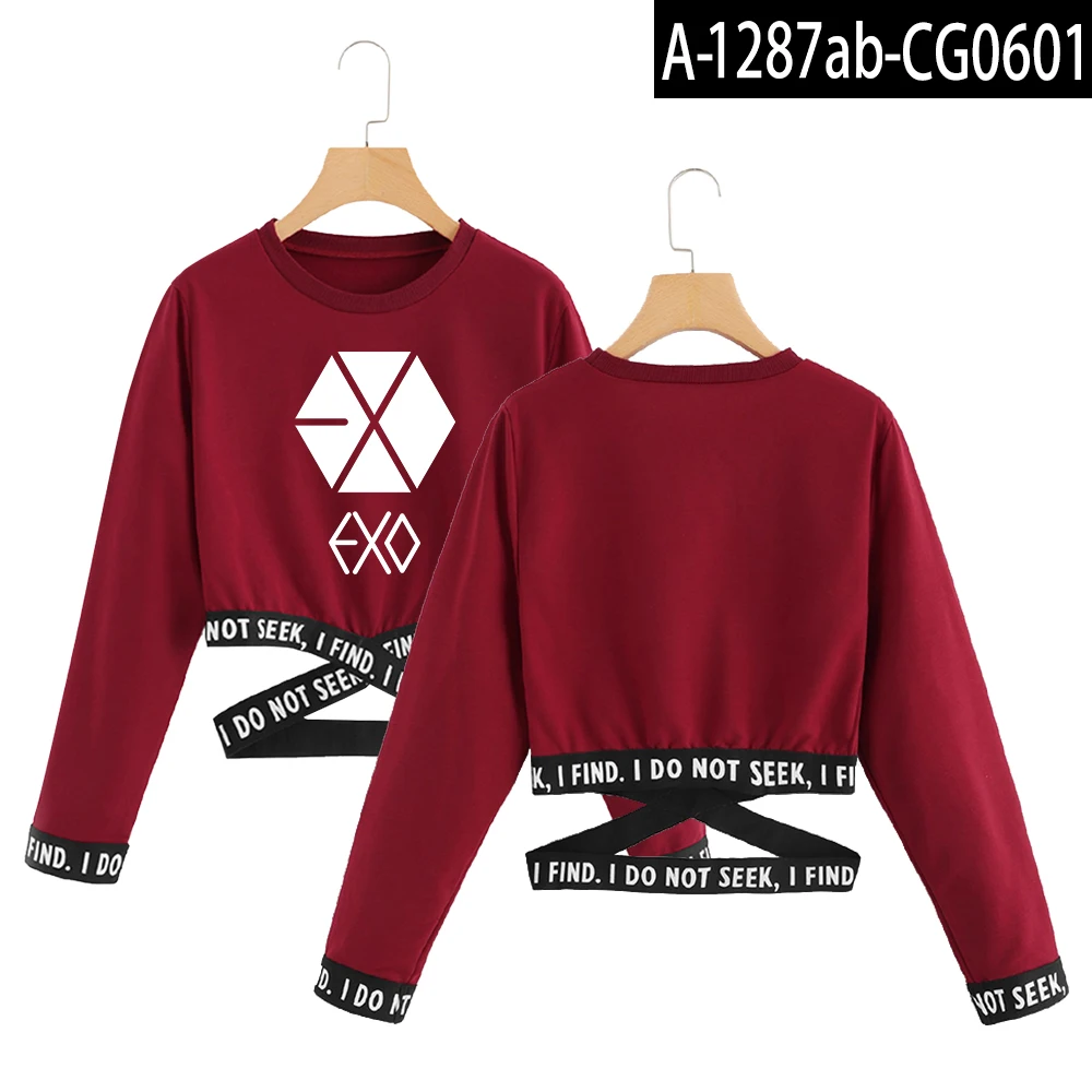 Exo кроп Топ Толстовка Весна Kpop Harajuku кроп топы Женская одежда корейская уличная одежда женские модные топы с длинным рукавом - Цвет: Red