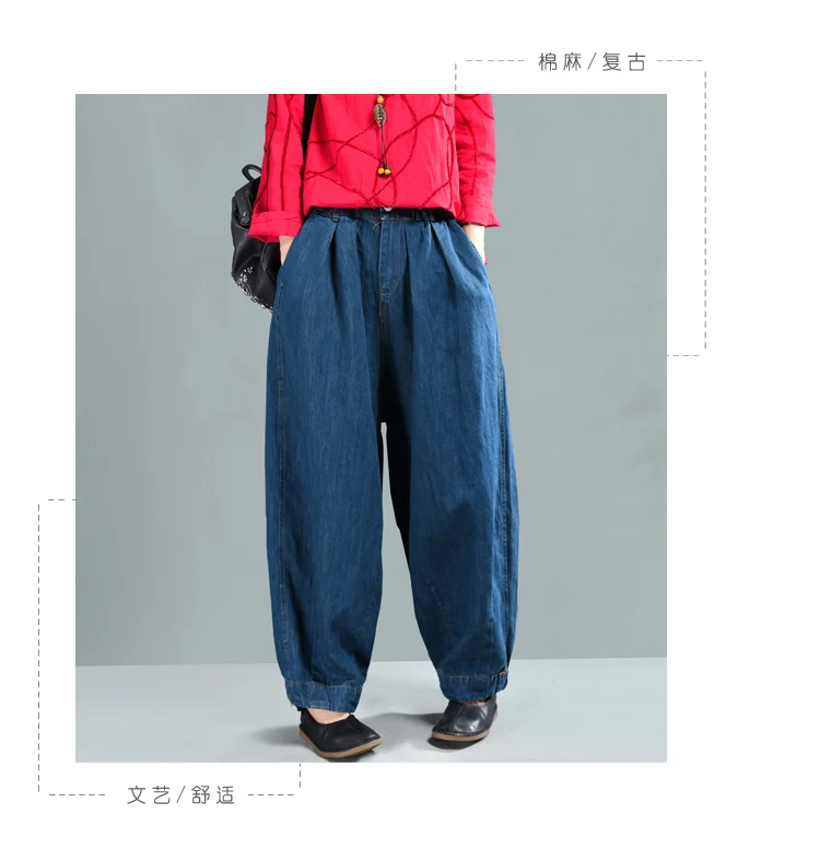 Spring Jeans Women Retro Loose Denim Pants New Ladies Elastic Waist Button pocket Blended Trousers Casual Denim knickerbockers