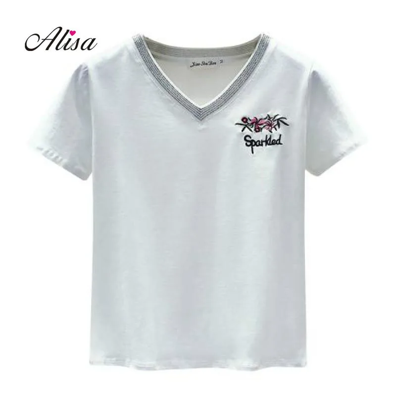 New Fashion Females Bright Wire V-Neck Short Sleeve T-Shirts 2019 Summer Womens Trend Alphabetical Embroidery White Tops | Женская