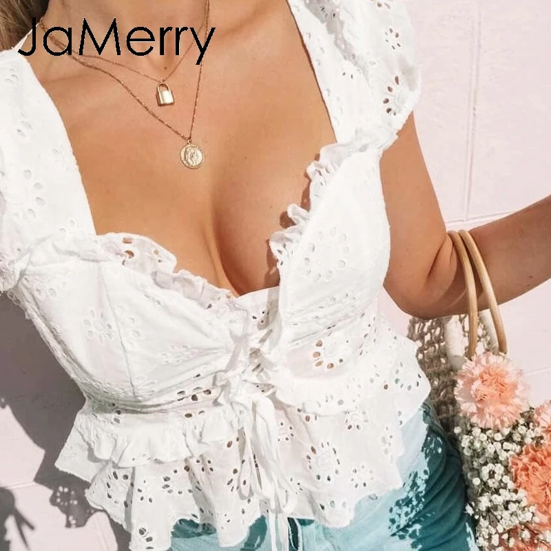 Женская кружевная блузка JaMerry белая с оборками и вырезом сзади | одежда