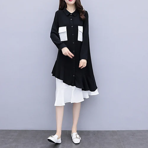 L-4xl, черное платье Mori girl, женское, плюс размер, весна-осень, карманы, оборки, лоскутные платья, Ретро стиль, ленивый стиль, свободные, Vestidos