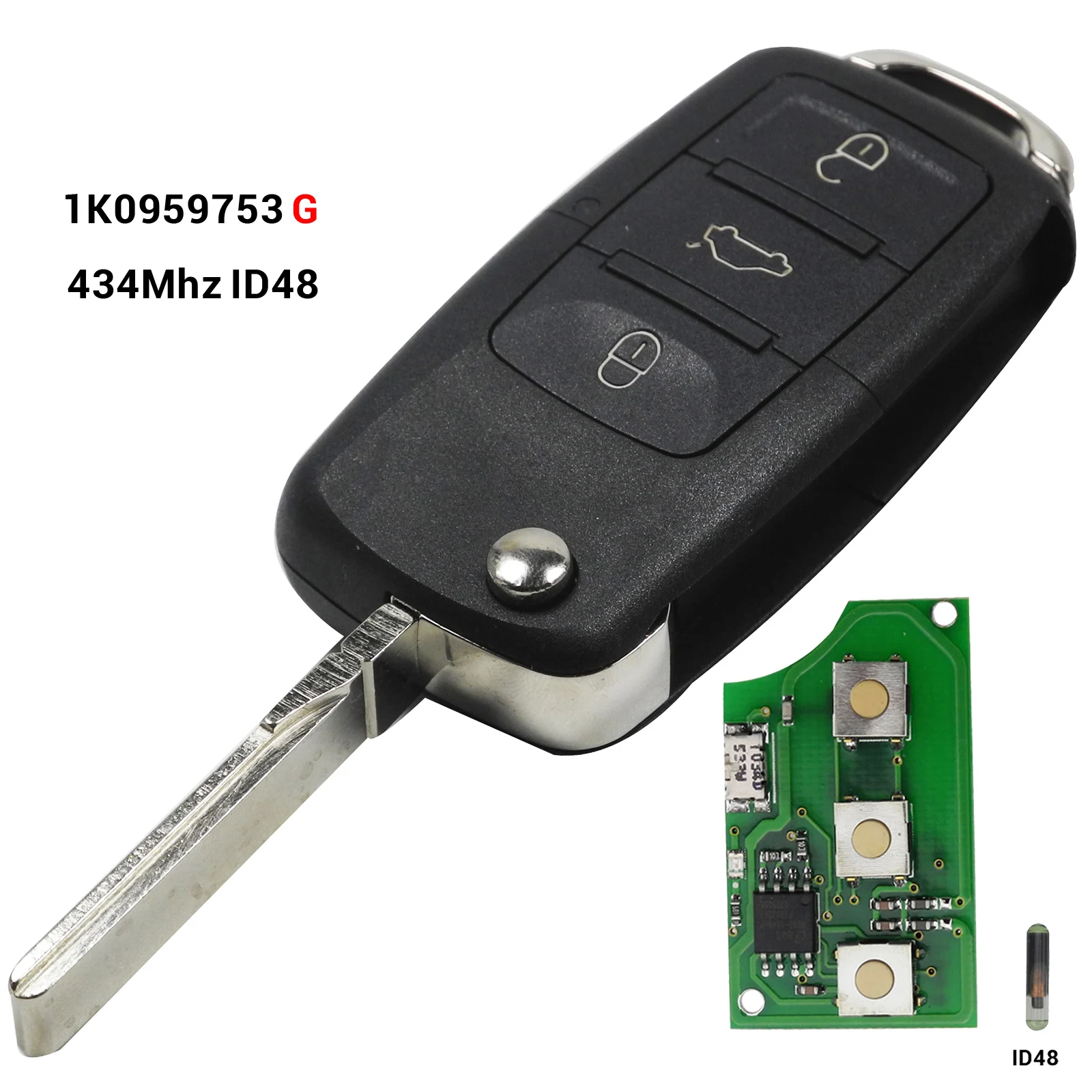 1K0959753G Jingyuqin 3 кнопки флип дистанционный ключ-брелок от машины для VW PASSAT Polo Skoda Seat Polo/Golf/Beetle 1J0959753 DA/AH 1K0959753G 434 МГц ID48 - Количество кнопок: 1K0959753G