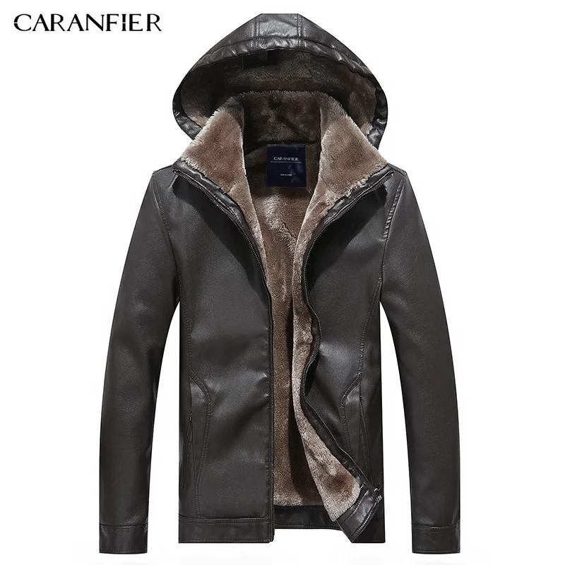 

CARANFIER Mens Leather Jackets Winter Warm Coats Plus Thick Outerwear Biker Motorcycle Male Classic Hooded Faux Jacket Windproof