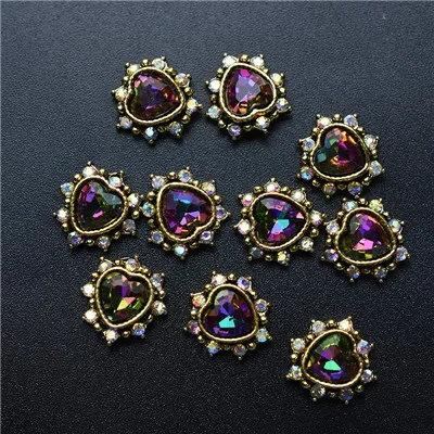 10Pcs-Heart-Colorful 10 шт 3D Стразы для ногтей, блестящий кристалл алмаза для ногтей, металлические украшения для ногтей, украшения DIY, амулеты - Цвет: 10Pcs-Heart-Colorful