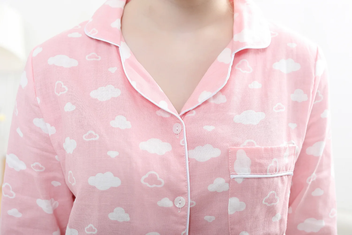 Kawaii, розовая пижама с принтом облака для женщин, пижамный комплект, марля, хлопок, уютная, длинный рукав, 2 предмета, пижамы, mujer, свежие пижамы