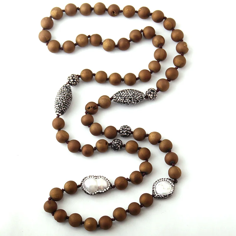 

Fashion Natural Druzy Beads Knotted Halsband Handmake Stones and Pearl Beads Stone Necklace