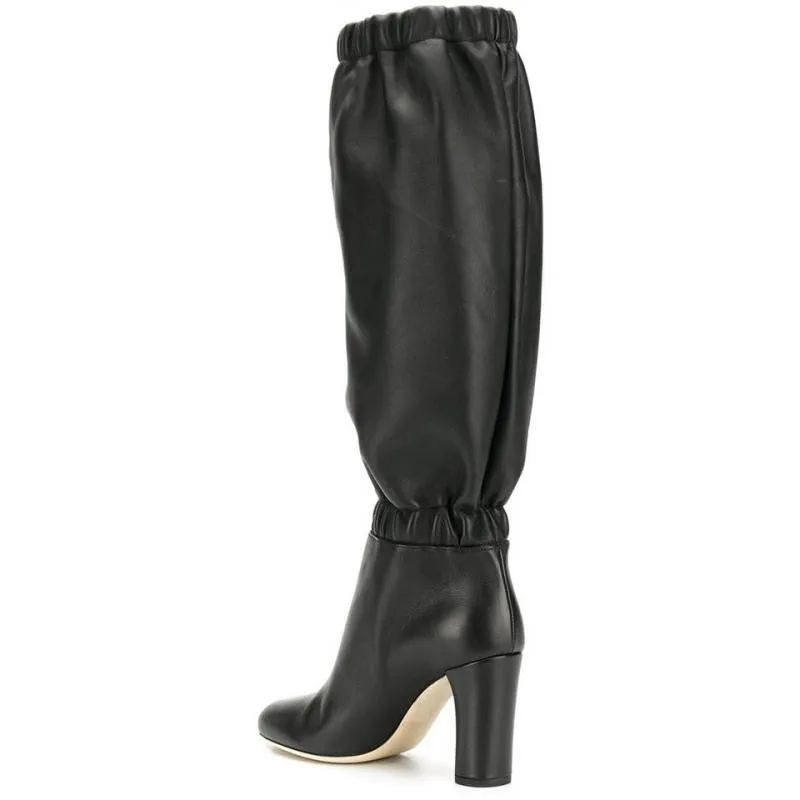 Knsvvli New Pleated Knee High Boots Women Round Toe Black Grey Autumn Shoes Ladies Elastic Strap Heels Botas Femininas | Обувь