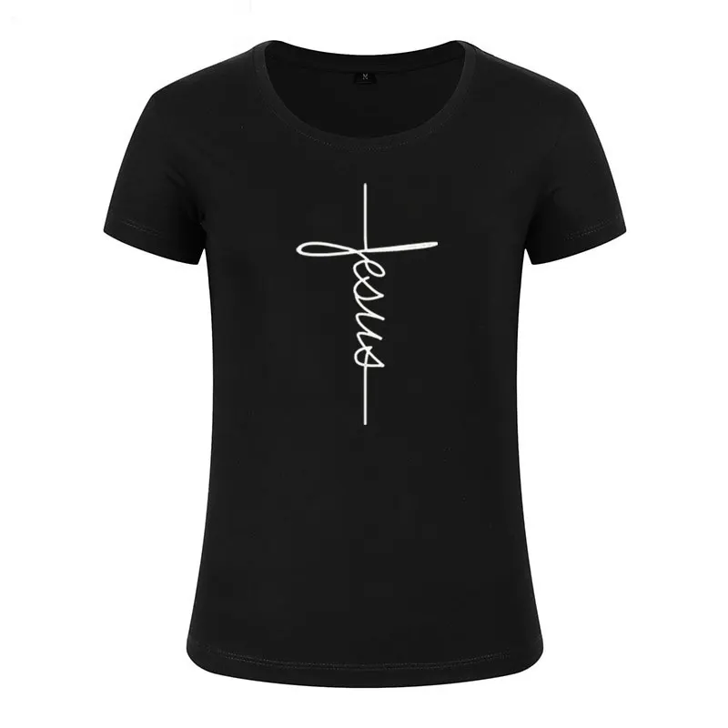 

2019 New Arrival Women T Shirts Summer Short Sleeve Jesus T-shirt Christian Cross Printing Tops Female Tee Shirt Plus Size