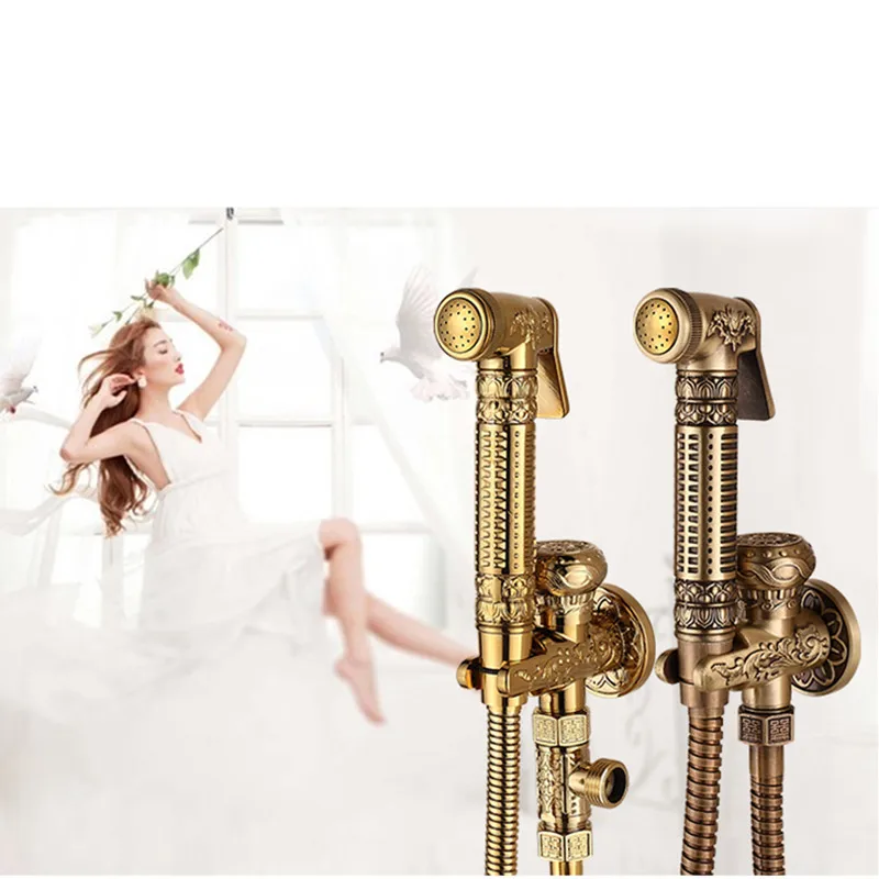 LIUYUE Bidets Faucets Antique Floral Pattern Brass Single Cold Wall Handheld Hygienic Shower Spray Wash Bathroom/Toilet Faucets