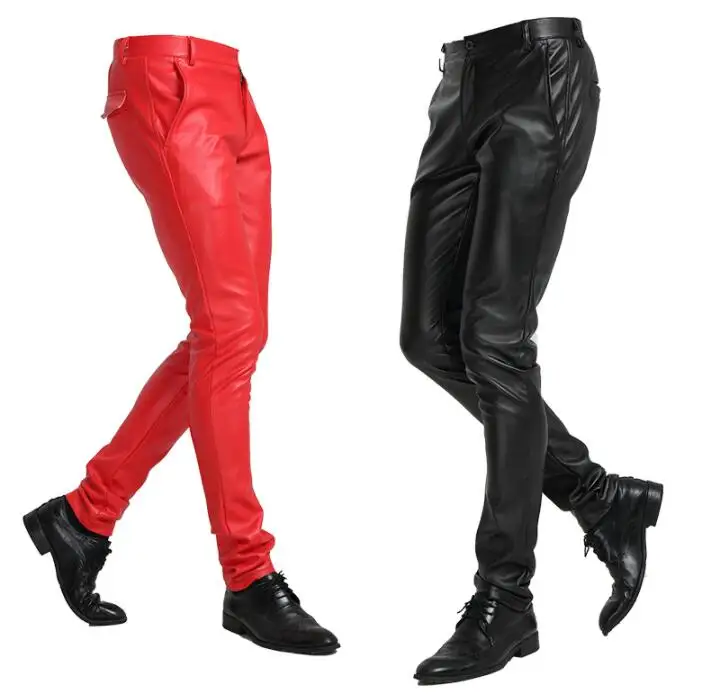 Black red white blue fashion motorcycle faux leather pants mens feet pants thin tight pu leather trousers for men pantalon homme