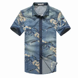 Мужская джинсовая рубашка, повседневная приталенная рубашка с коротким рукавом, с принтом, большие размеры 5XL, для лета, 2021