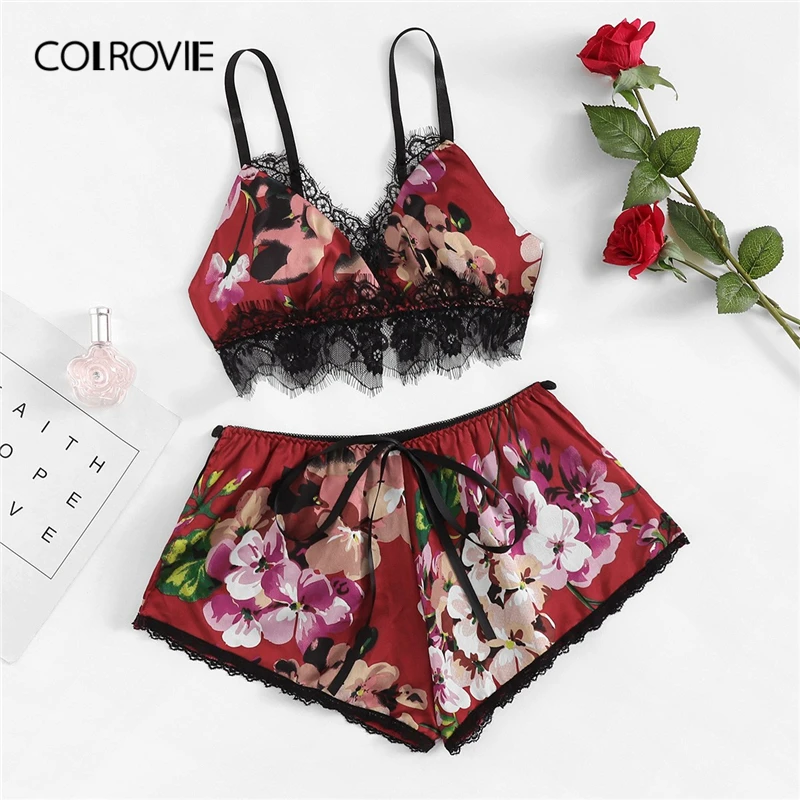 COLROVIE, кружевная отделка, цветочный принт, сексуальный, на бретельках и шортах, пижамный комплект, для женщин,, комплект нижнего белья, для отдыха, для женщин, для сна, атласная ночная рубашка