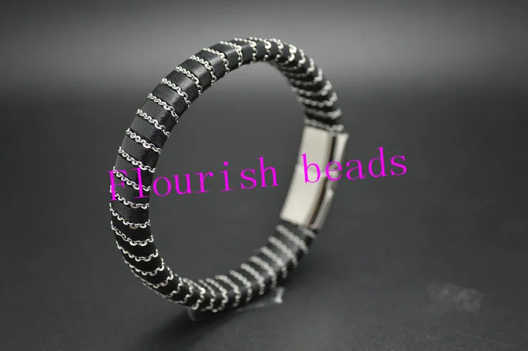 

Fashion Black Leather Man's Bracelets Trendy Chains Wrapped Stainless Steel Clasp Jewelry Party Gift Free Shipping
