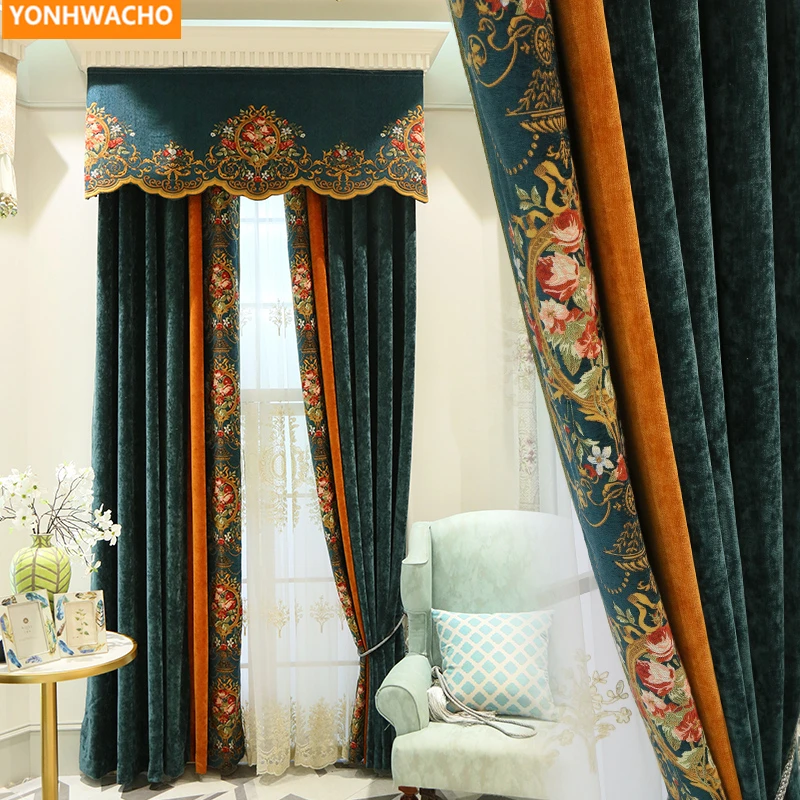 

Custom curtains Vintage Classical Thick Chenille gorgeous Villa American blue cloth blackout curtain tulle valance drape B302