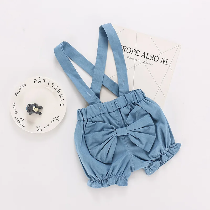 light blue Летняя Детская короткая одежда для девочек, детские комбинезоны, джинсовые шорты для девочек, джинсы с бантом для девочек, детская одежда, шорты для девочек - Цвет: light blue