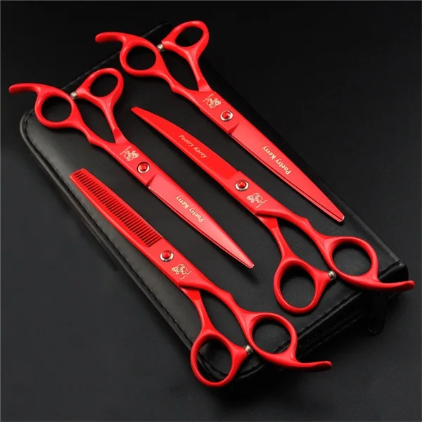 red PK-704 Профессиональные 7,0 дюймовые ножницы для ухода за домашними животными, наборы для собак, ножницы для стрижки волос, прямые и истончающие и изогнутые ножницы - Цвет: red PK-704