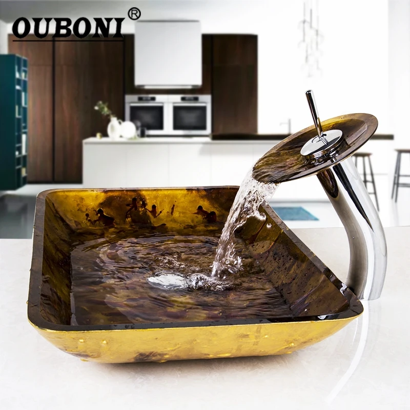 OUBONI Овальный умывальник из бамбука, Черный кран, раковина для ванной комнаты, умывальник из закаленной керамики, ручная роспись, для ванны, латунный набор, кран, смесители