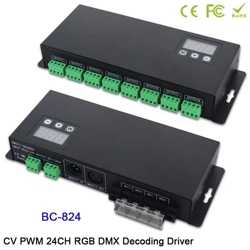 

BC-824 DC5V-24V 24 CH DMX512/1990 signal decoder driver 3A*24CH with display shows RGB DMX512 controller for led light