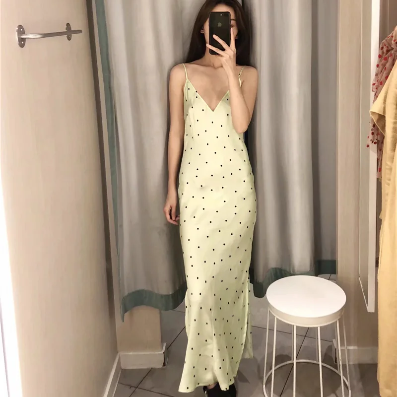 Сексуальное платье в горошек женское атласное модное прямое без рукавов с v