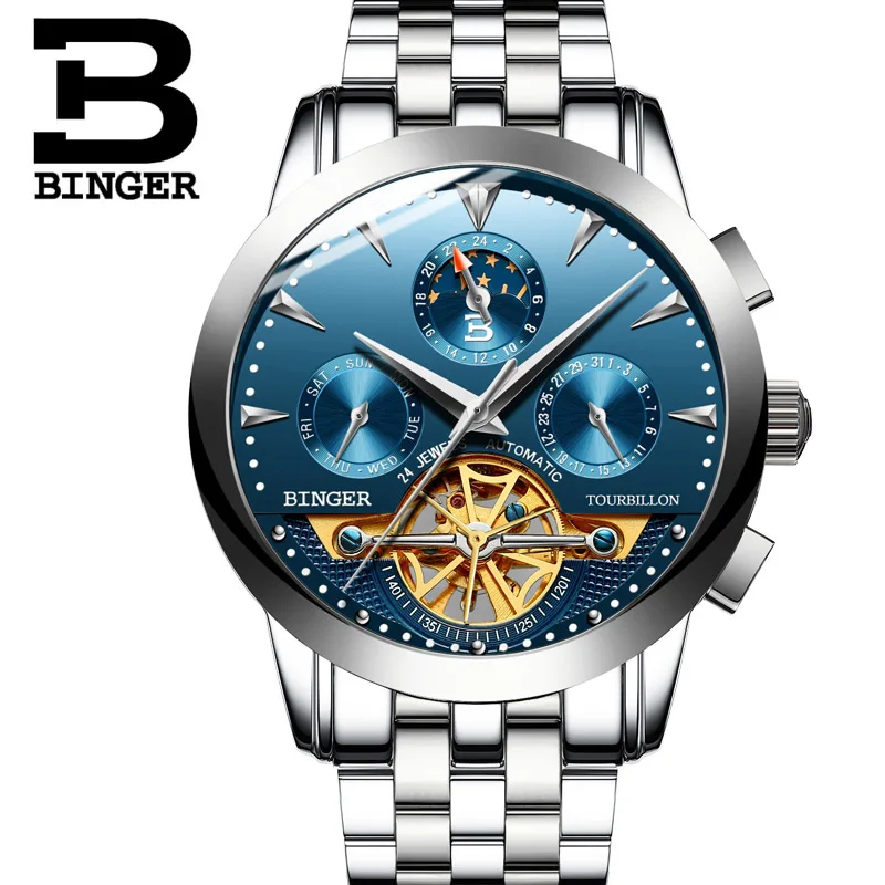 Tourbillon Men Top Luxury Brand Watches Automatic Mechanical Watch Stainless Steel Waterproof BINGER relogio masculino B-1188G - Цвет: 03