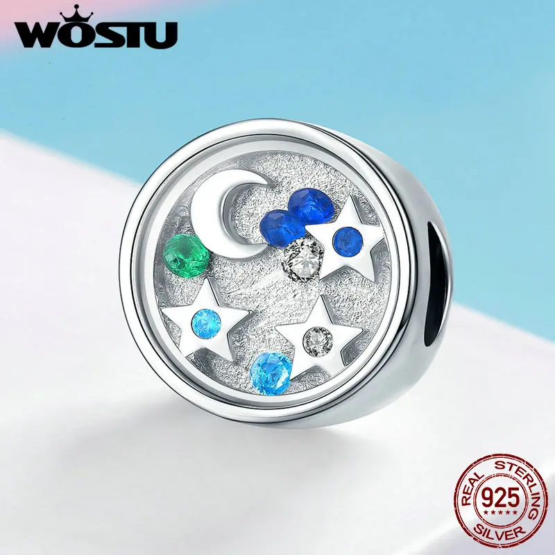 WOSTU Настоящее серебро 925 пробы бусы Шарм с Луной и звездой подходит DIY браслет