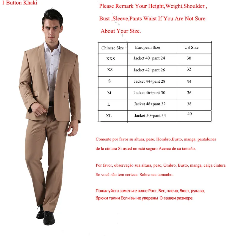 1 button Khaki Куртка+ брюки) весенний формальный костюм тонкий под заказ смокинг бренд моды Bridegroon Мужская деловая одежда, костюм блейзеры B0999 - Цвет: 1 button Khaki