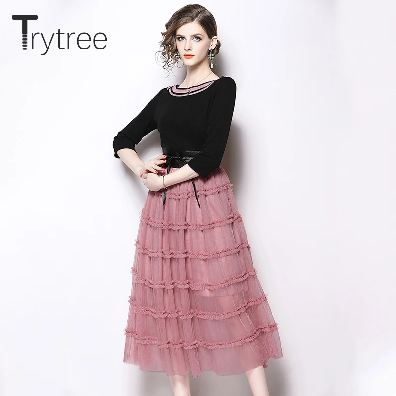 Trytree, летнее, осеннее платье, повседневное, кожаный пояс, элегантные, женские, вечерние, пэчворк, сетчатые платья, три четверти, платье до середины икры